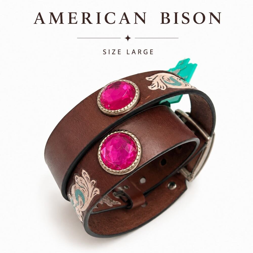 American Bison Large Brown Leather Western Belt Pink Conchos Floral Accent NWT